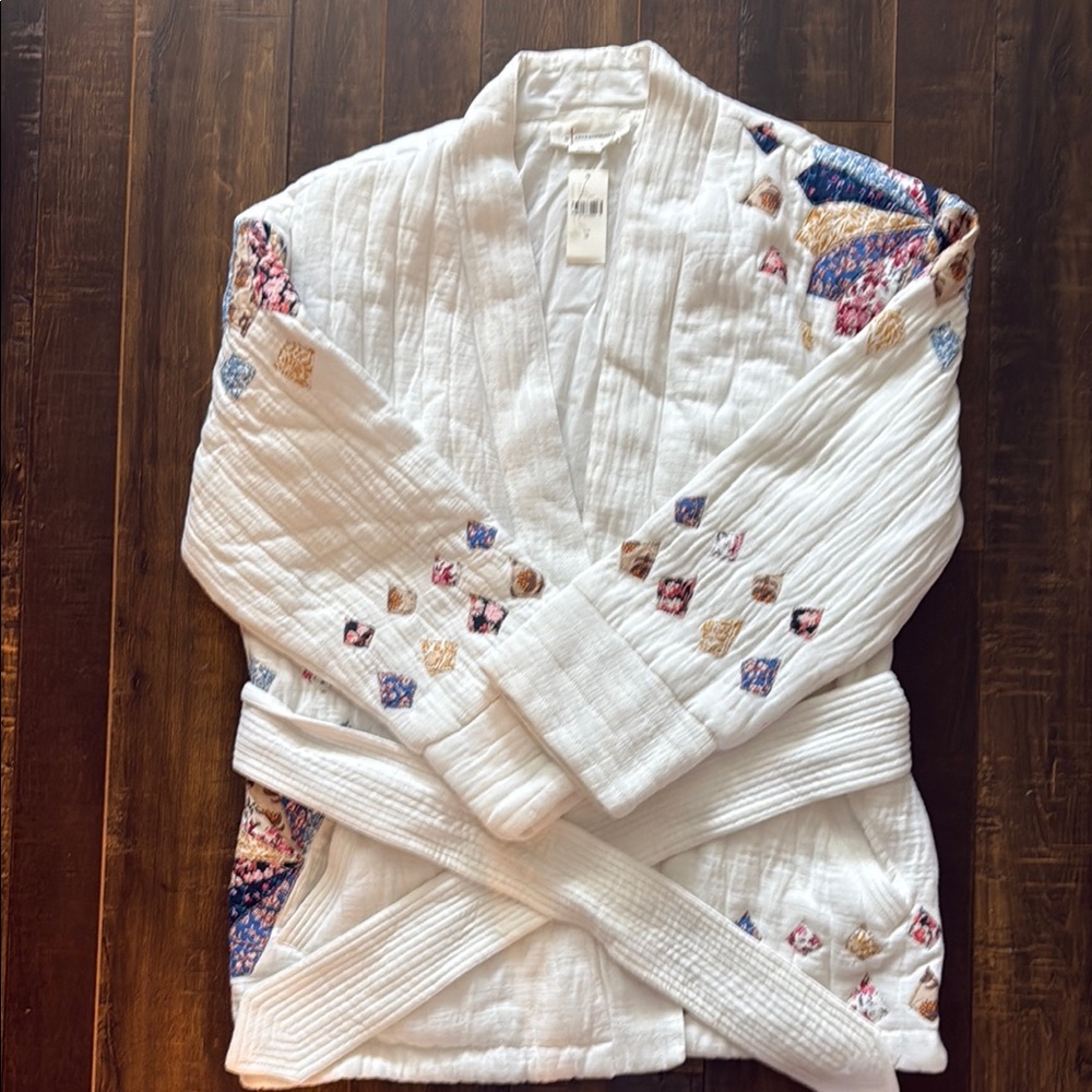 Anthropologie Ivory Kimono with Multicolor Stitching